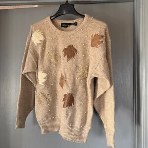 Tan Silk/angora/wool Blend Sweater sz M Faux Leather Leaves Crew Neck Beaded